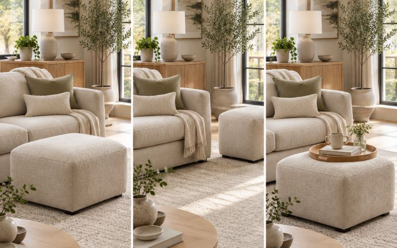 Các cách dùng đôn sofa để kê chân, làm ghế phụ và đặt khay trà