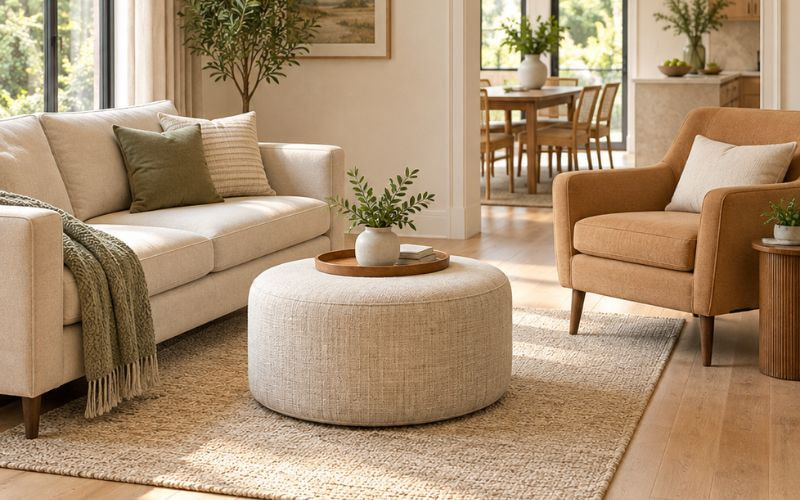 Bố trí đôn sofa giữa sofa văng và ghế armchair