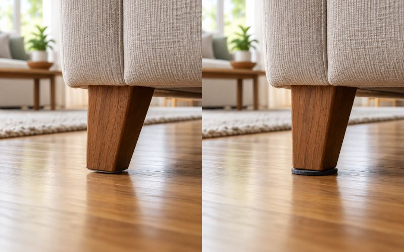 So sánh chân sofa có và không có đệm chống trượt trên sàn