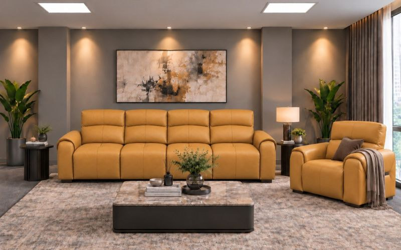 Sofa bốn chỗ Rivano màu vàng nâu kết hợp ghế đơn và bàn trà