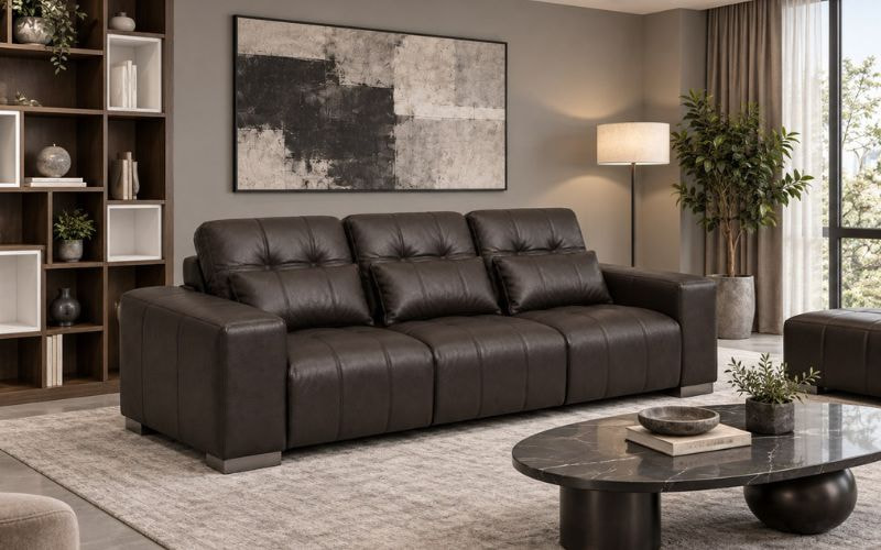 Sofa Roma TLI ba chỗ màu nâu đậm với đệm ngồi chia khoang, tựa lưng rút lõm và tay vịn vuông
