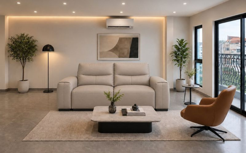 Bố trí sofa màu be trong phòng khách sáng có bàn trà và ghế phụ