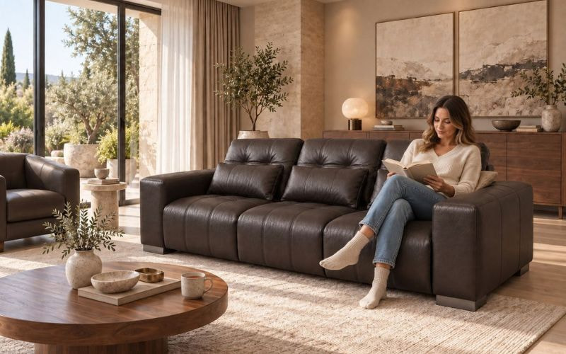 Người phụ nữ ngồi đọc sách trên sofa ba chỗ màu nâu đậm, tựa lưng và đặt tay cạnh tay vịn
