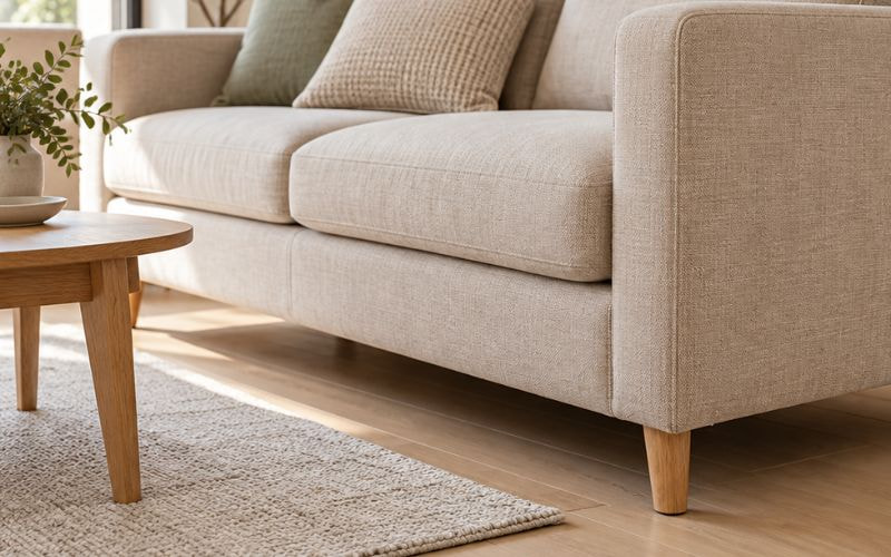 Góc sofa màu be và bàn phụ trong phòng khách