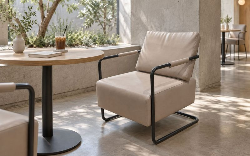 Ghế armchair TLI đặt cạnh bàn nhỏ, tạo góc ngồi thoáng bên cửa sổ.