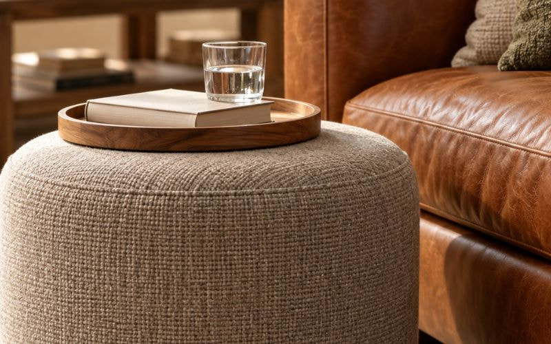 Cận cảnh đôn sofa bọc vải dùng cùng khay trà trong phòng khách
