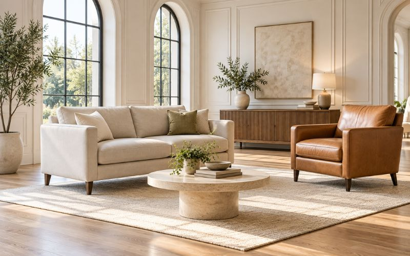 Bố trí sofa phù hợp với mặt sàn và lối đi phòng khách