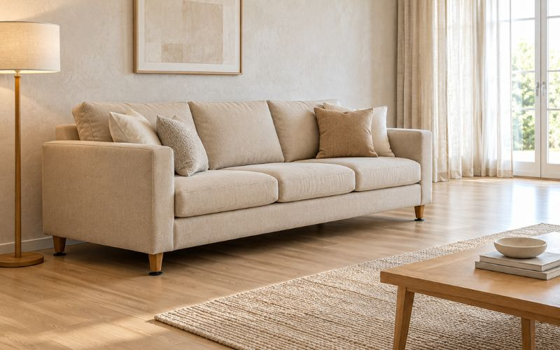 Sofa kê vững trên sàn gỗ với lối đi thông thoáng