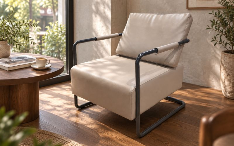 Ghế armchair bọc nệm màu sáng kết hợp khung đen trong góc ngồi gần cây xanh.